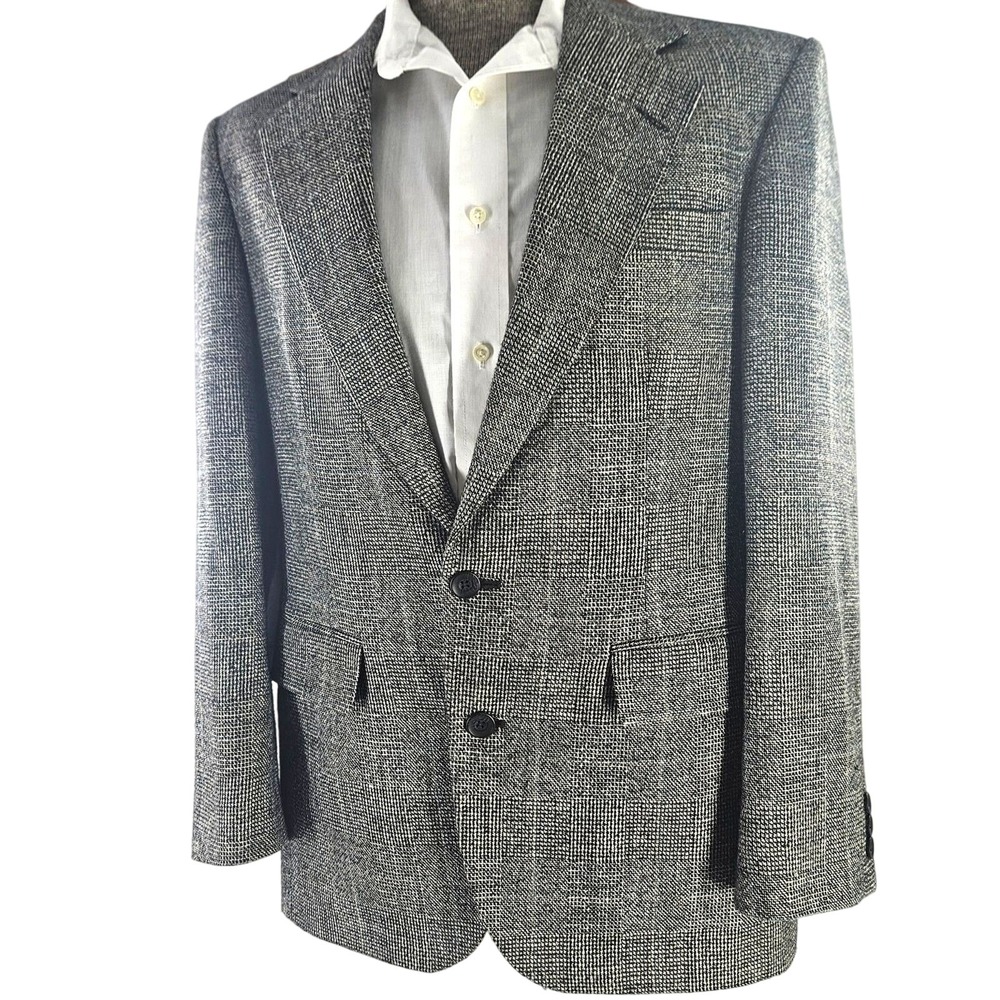 Vtg 90s Haggar Black White Blue Plaid Wool Tweed Sports Coat Blazer Med ~40R USA